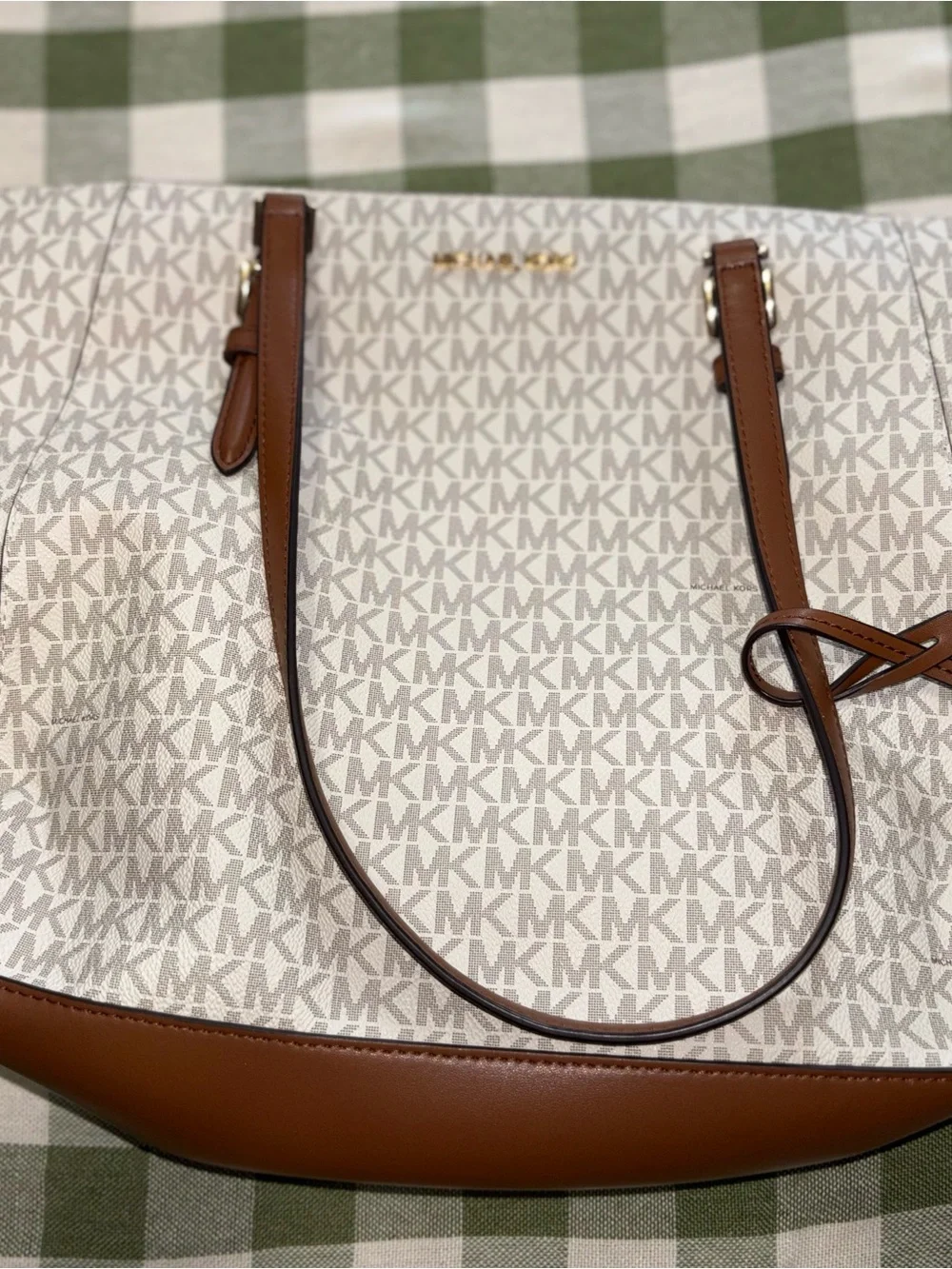 Michael Kors Beige Monogram Tote with Brown Trim and Straps